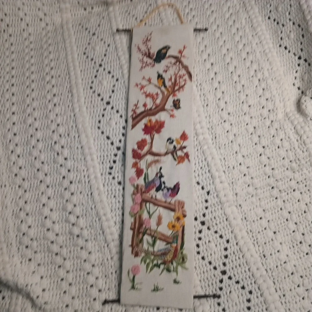 Embroidered Cross Stitch Hanging Art Birds Vintage Handmade Quail Leewards 26X6